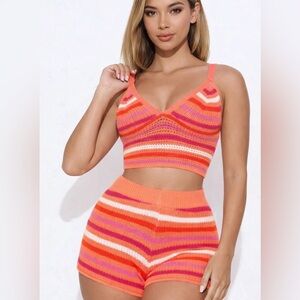 No Comment Coral Orange Crochet Knit Striped Bralette & Shorts Set NWT